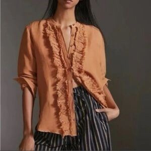 Ruffled Placket Button Down Linen Shirt
